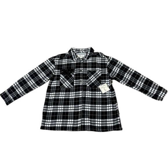 Café Marrakesh black white plaid flannel Style shirt NWT pockets L hidden button - Picture 5 of 16